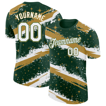 Custom Green White-Old Gold Brush Stroke Splatter Starburst Performance T-Shirt