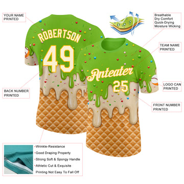 Custom Neon Green Cream-Gold Ice Cream Waffle Foodie Dessert Performance T-Shirt