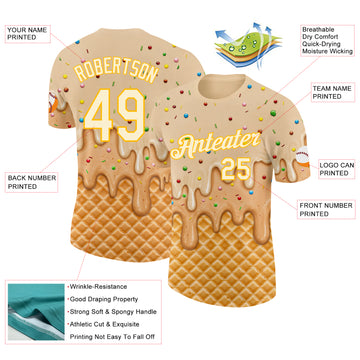 Custom Cream-Gold Ice Cream Waffle Foodie Dessert Performance T-Shirt