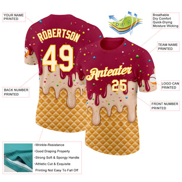 Custom Maroon Cream-Gold Ice Cream Waffle Foodie Dessert Performance T-Shirt