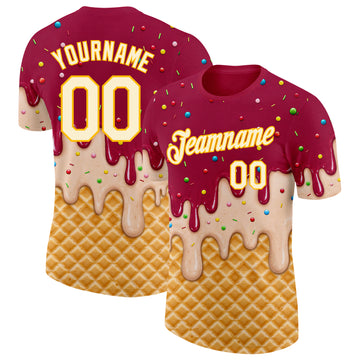 Custom Maroon Cream-Gold Ice Cream Waffle Foodie Dessert Performance T-Shirt