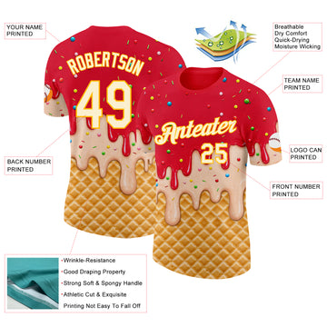 Custom Fire Red Cream-Gold Ice Cream Waffle Foodie Dessert Performance T-Shirt