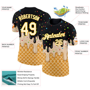 Custom Black Cream-Gold Ice Cream Waffle Foodie Dessert Performance T-Shirt