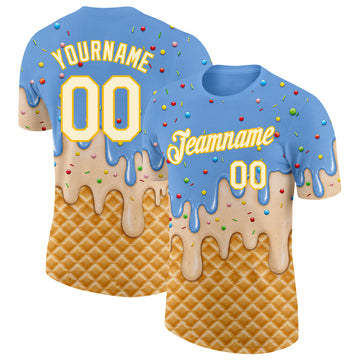 Custom Light Blue Cream-Gold Ice Cream Waffle Foodie Dessert Performance T-Shirt