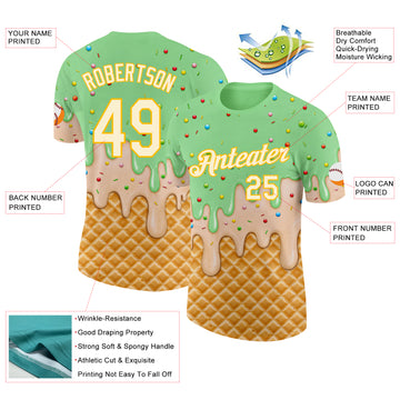 Custom Pea Green Cream-Gold Ice Cream Waffle Foodie Dessert Performance T-Shirt