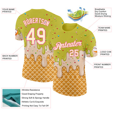 Custom Neon Yellow Cream-Pink Ice Cream Waffle Foodie Dessert Performance T-Shirt