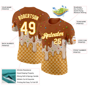 Custom Chocolate Brown Cream-Gold Ice Cream Waffle Foodie Dessert Performance T-Shirt