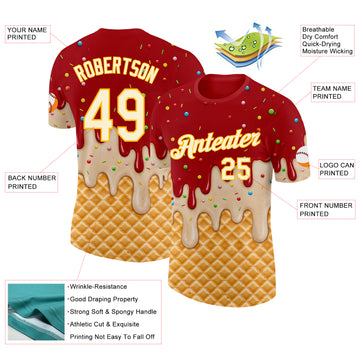 Custom Red Cream-Gold Ice Cream Waffle Foodie Dessert Performance T-Shirt