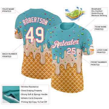 Custom Mint Aqua Cream-Pink Ice Cream Waffle Foodie Dessert Performance T-Shirt