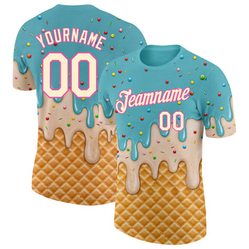 Custom Mint Aqua Cream-Pink Ice Cream Waffle Foodie Dessert Performance T-Shirt