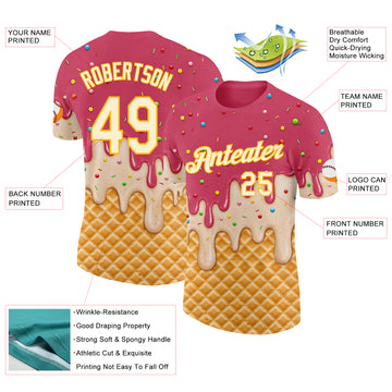 Custom Medium Red Cream-Gold Ice Cream Waffle Foodie Dessert Performance T-Shirt
