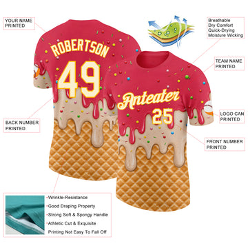 Custom Coral Red Cream-Gold Ice Cream Waffle Foodie Dessert Performance T-Shirt