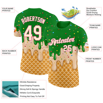 Custom Light Kelly Green Cream-Pink Ice Cream Waffle Foodie Dessert Performance T-Shirt