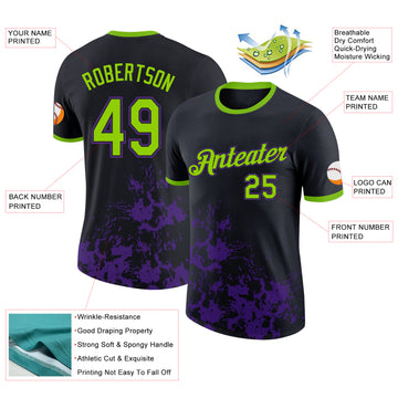 Custom Black Neon Green-Purple Brush Stroke Splatter Performance T-Shirt