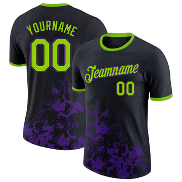 Custom Black Neon Green-Purple Brush Stroke Splatter Performance T-Shirt