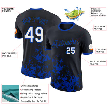 Custom Black White-Thunder Blue Brush Stroke Splatter Performance T-Shirt