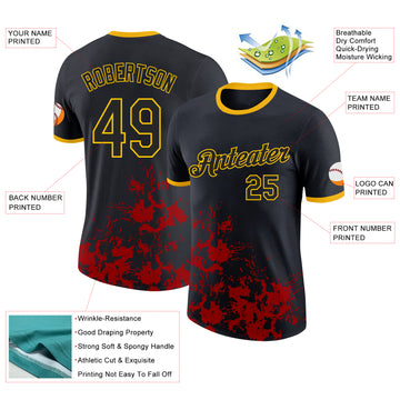 Custom Black Red-Yellow Brush Stroke Splatter Performance T-Shirt
