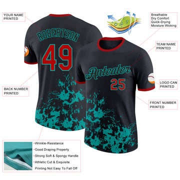 Custom Black Red-Aqua Brush Stroke Splatter Performance T-Shirt