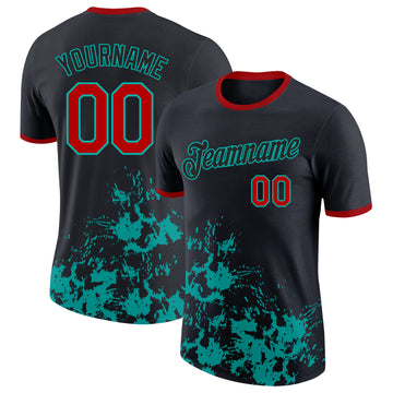 Custom Black Red-Aqua Brush Stroke Splatter Performance T-Shirt