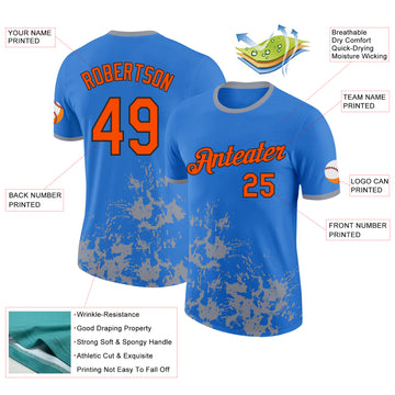 Custom Powder Blue Orange Gray-Black Brush Stroke Splatter Performance T-Shirt
