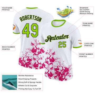 Custom White Neon Green Hot Pink-Black Brush Stroke Splatter Performance T-Shirt