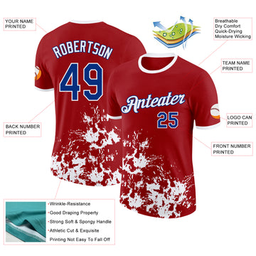Custom Red Royal-White Brush Stroke Splatter Performance T-Shirt