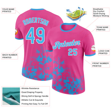 Custom Pink Sky Blue-White Brush Stroke Splatter Performance T-Shirt