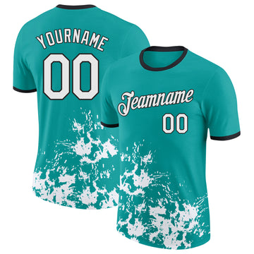 Custom Aqua White-Black Brush Stroke Splatter Performance T-Shirt