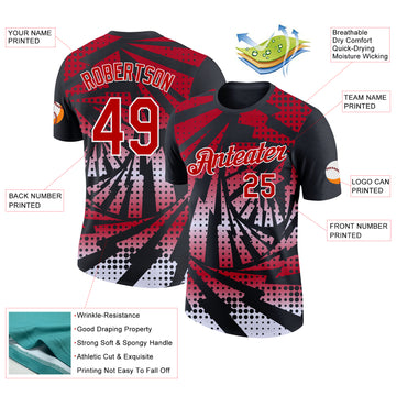 Custom Black Red-White Lightning Gradient Dot Performance T-Shirt