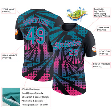 Custom Black Teal-Pink Lightning Gradient Dot Performance T-Shirt