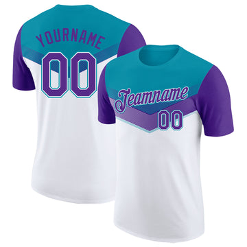 Custom Teal Purple-White Geometric V-Lines Color Block Performance T-Shirt