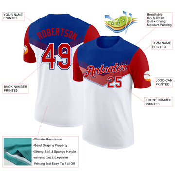 Custom Royal Red-White Geometric V-Lines Color Block Performance T-Shirt