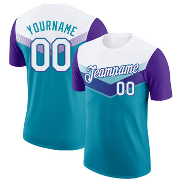Custom White Teal-Purple Geometric V-Lines Color Block Performance T-Shirt