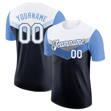 Custom White Black-Light Blue Geometric V-Lines Color Block Performance T-Shirt