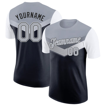 Custom Gray Black-White Geometric V-Lines Color Block Performance T-Shirt