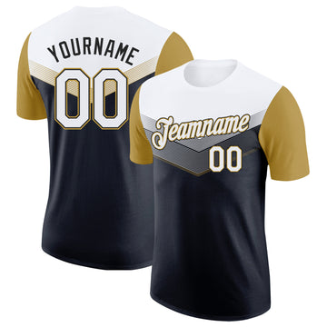 Custom White Black-Old Gold Geometric V-Lines Color Block Performance T-Shirt