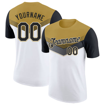 Custom Old Gold Black-White Geometric V-Lines Color Block Performance T-Shirt