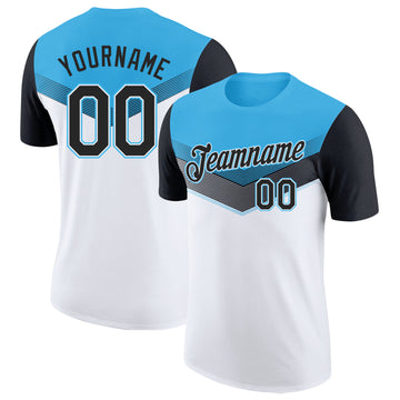 Custom Sky Blue Black-White Geometric V-Lines Color Block Performance T-Shirt