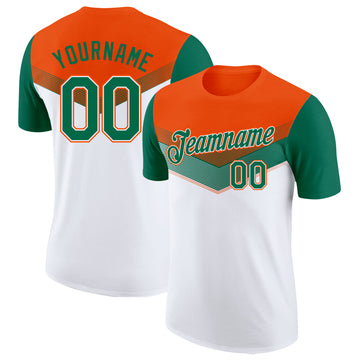 Custom Orange Kelly Green-White Geometric V-Lines Color Block Performance T-Shirt