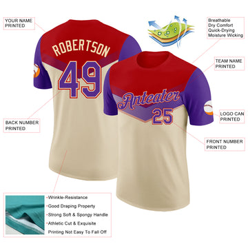 Custom Red Purple-Cream Geometric V-Lines Color Block Performance T-Shirt
