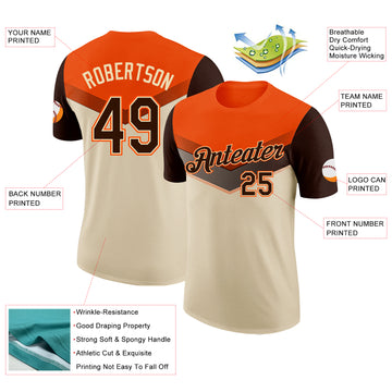 Custom Orange Brown-Cream Geometric V-Lines Color Block Performance T-Shirt