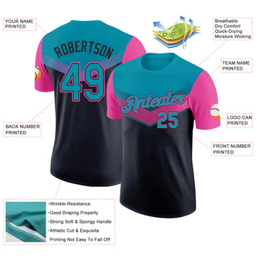 Custom Teal Black-Pink Geometric V-Lines Color Block Performance T-Shirt