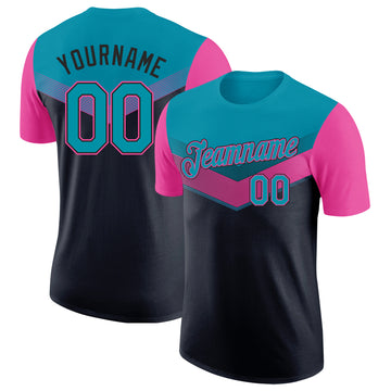 Custom Teal Black-Pink Geometric V-Lines Color Block Performance T-Shirt