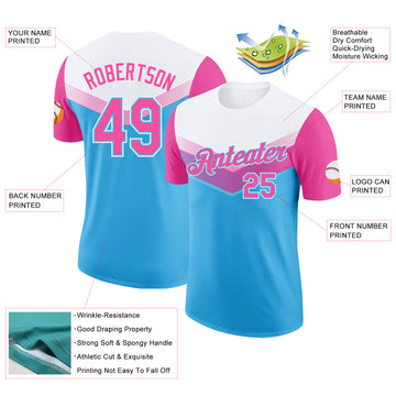 Custom White Pink-Sky Blue Geometric V-Lines Color Block Performance T-Shirt