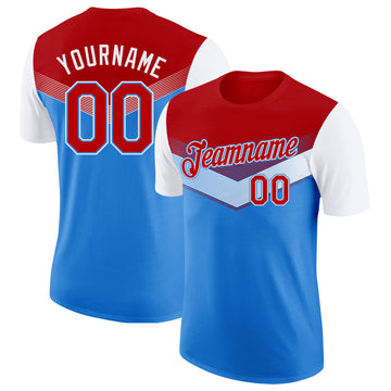 Custom Red Powder Blue-White Geometric V-Lines Color Block Performance T-Shirt
