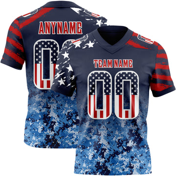 Custom Navy USA Flag Camo White-Red Authentic Digital Camouflage Patchwork Gradient Stars & Stripes Raglan Sleeves Football Jersey