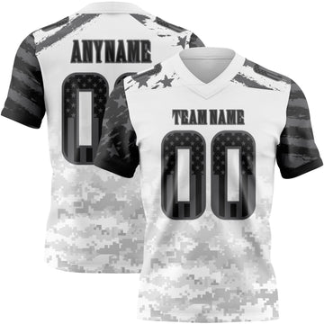 Custom White USA Flag Camo Steel Gray-Black Authentic Digital Camouflage Patchwork Gradient Stars & Stripes Raglan Sleeves Football Jersey