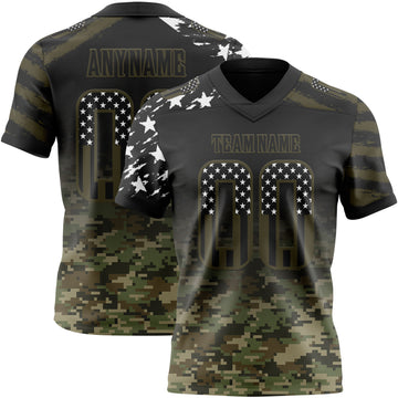 Custom Black USA Flag Camo-Olive Authentic Digital Camouflage Patchwork Gradient Stars & Stripes Raglan Sleeves Football Jersey