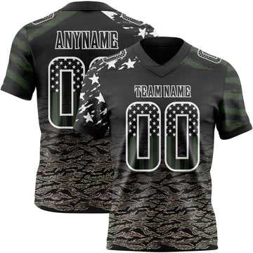 Custom Black USA Flag Camo-White Authentic Digital Camouflage Patchwork Gradient Stars & Stripes Raglan Sleeves Football Jersey