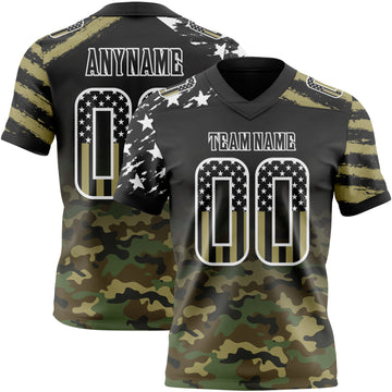 Custom Black USA Flag Camo-White Authentic Digital Camouflage Patchwork Gradient Stars & Stripes Raglan Sleeves Football Jersey
